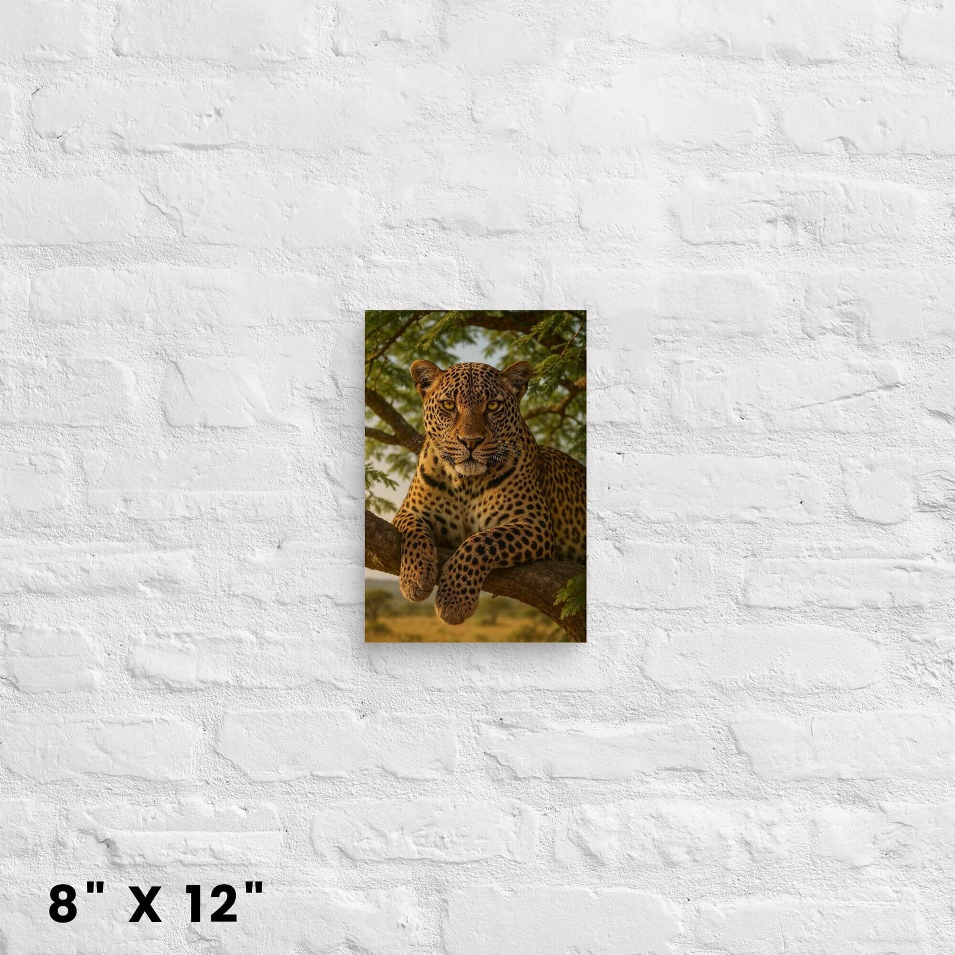 8 × 12-inch mini leopard safari canvas print adding a touch of wilderness charm to a white-brick backdrop.