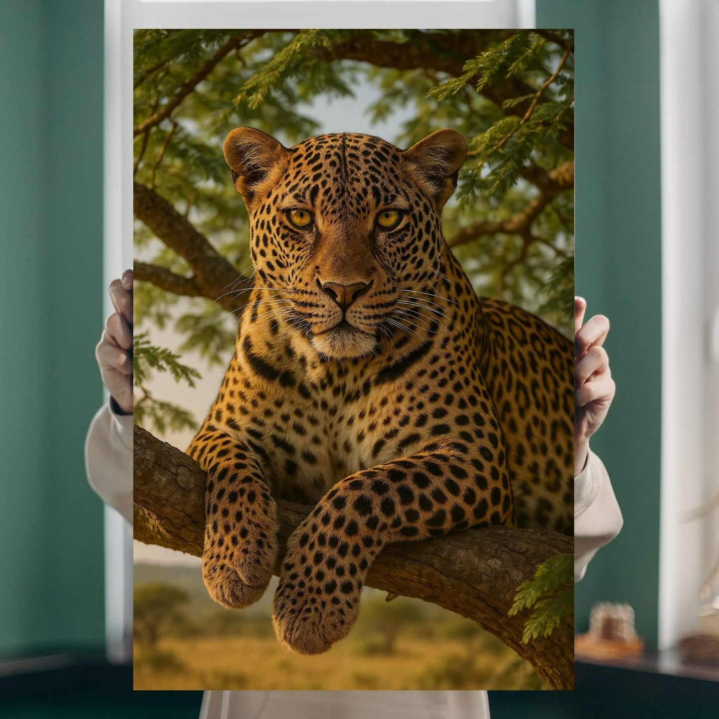 Person holding a vivid leopard-in-tree safari canvas print to illustrate real-life size, detail, and rich color palette.