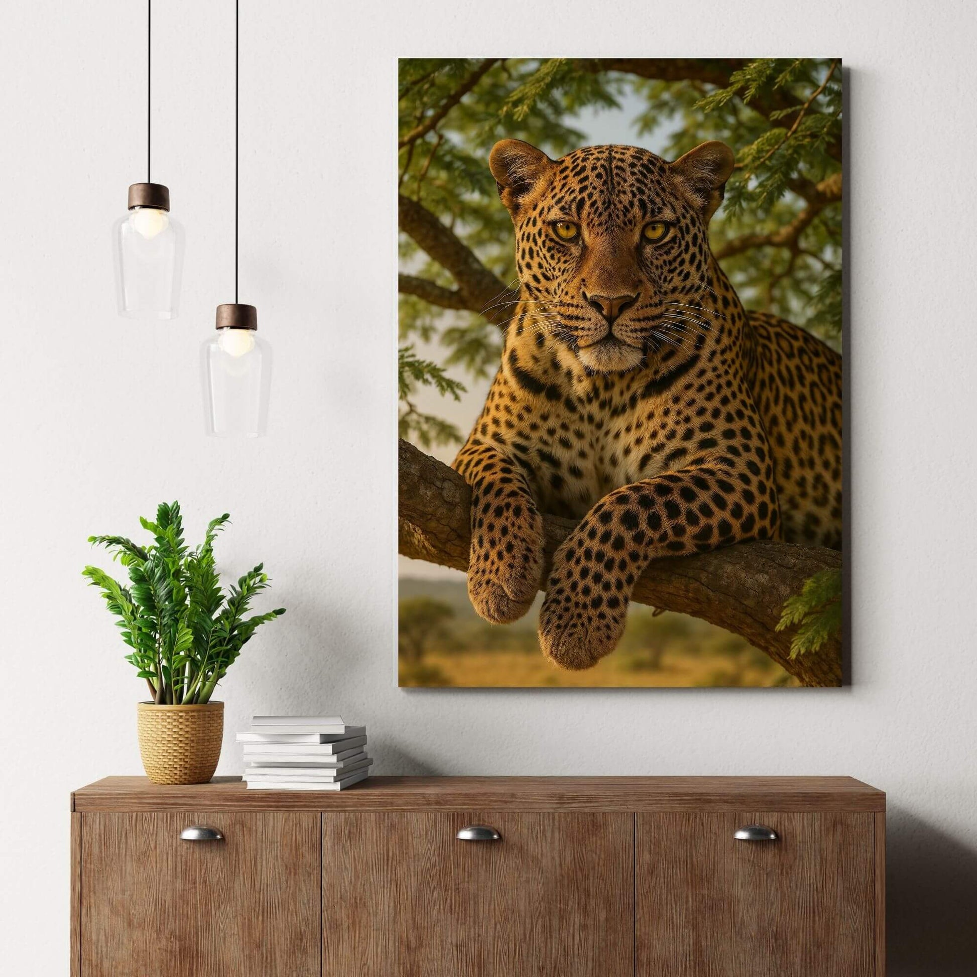 Leopard safari canvas wall art delivering adventurous wildlife vibes above a modern wood sideboard with pendant lights and greenery.