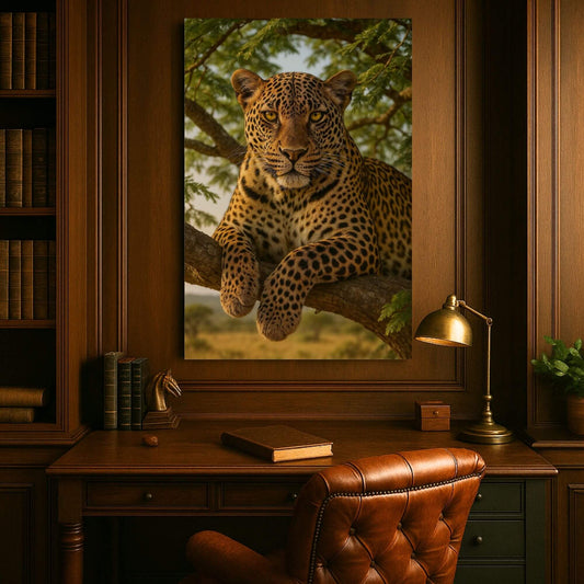 Large resting leopard canvas print bringing bold safari ambiance to a classic wood-paneled study above a vintage leather desk.