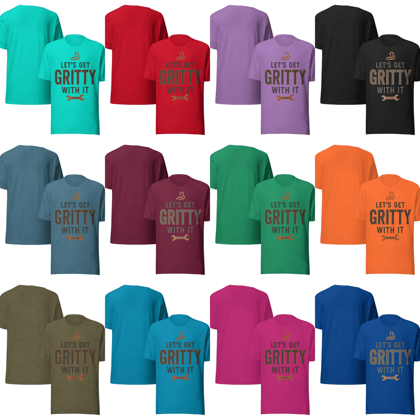 GET GRITTY unisex t-shirt in all colors that are available - front and back view.
