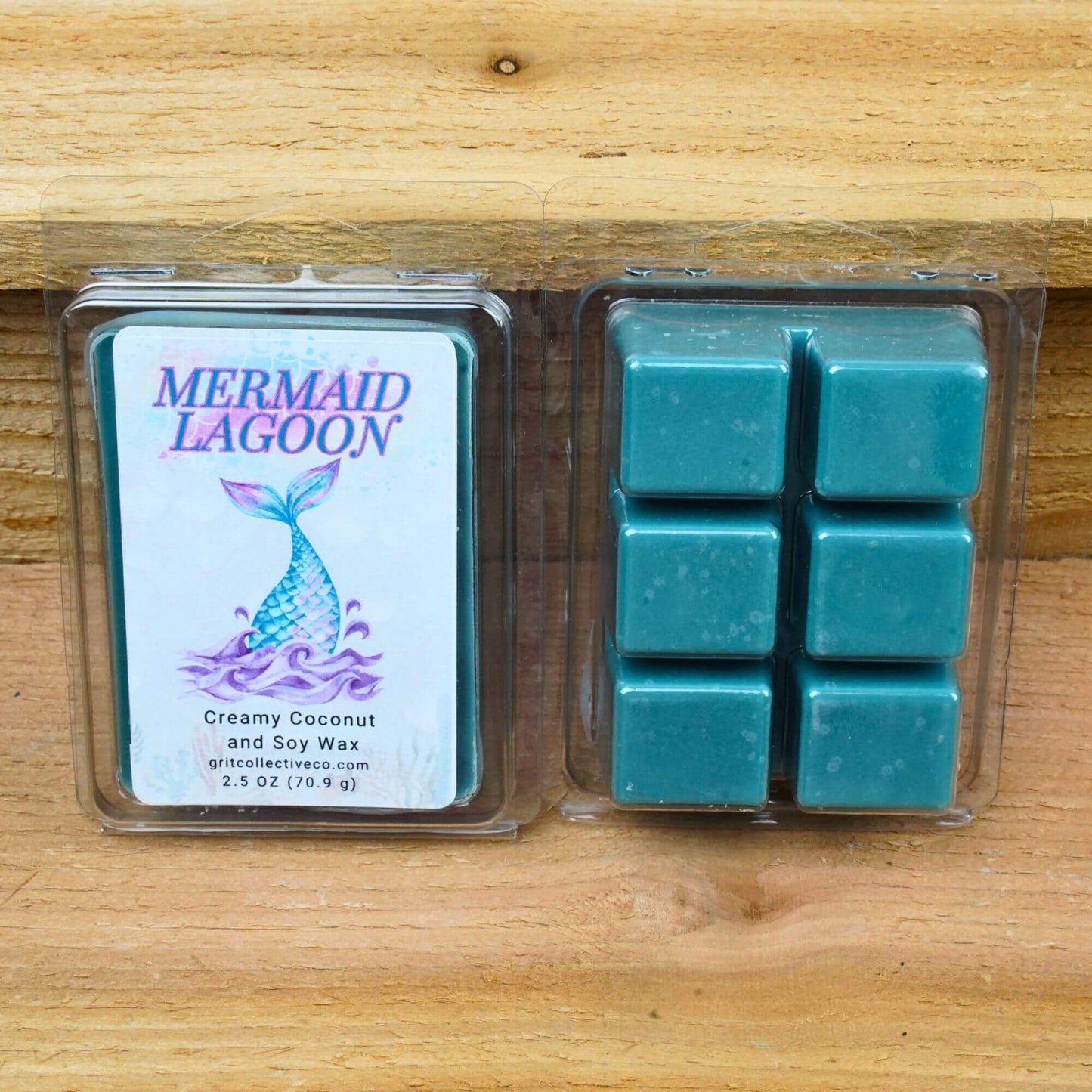 Mermaid Lagoon scented creamy coconut and soy wax melts, 2.5 oz package with mermaid tail graphic.