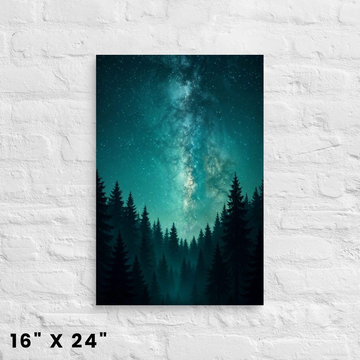 16 × 24 in. starry-sky pine-tree
canvas artwork in deep teal tones on a white brick setting.