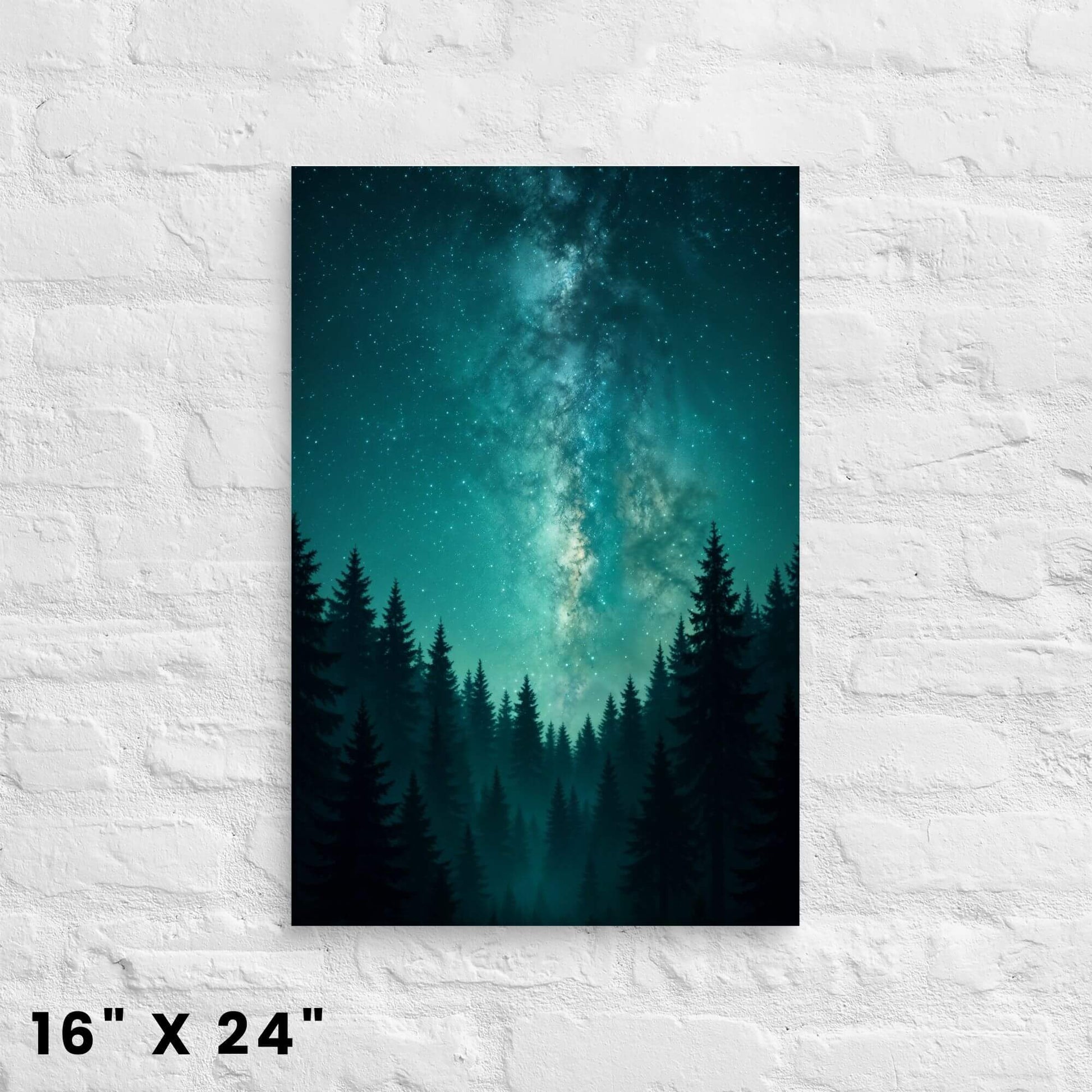 16 × 24 in. starry-sky pine-tree
canvas artwork in deep teal tones on a white brick setting.