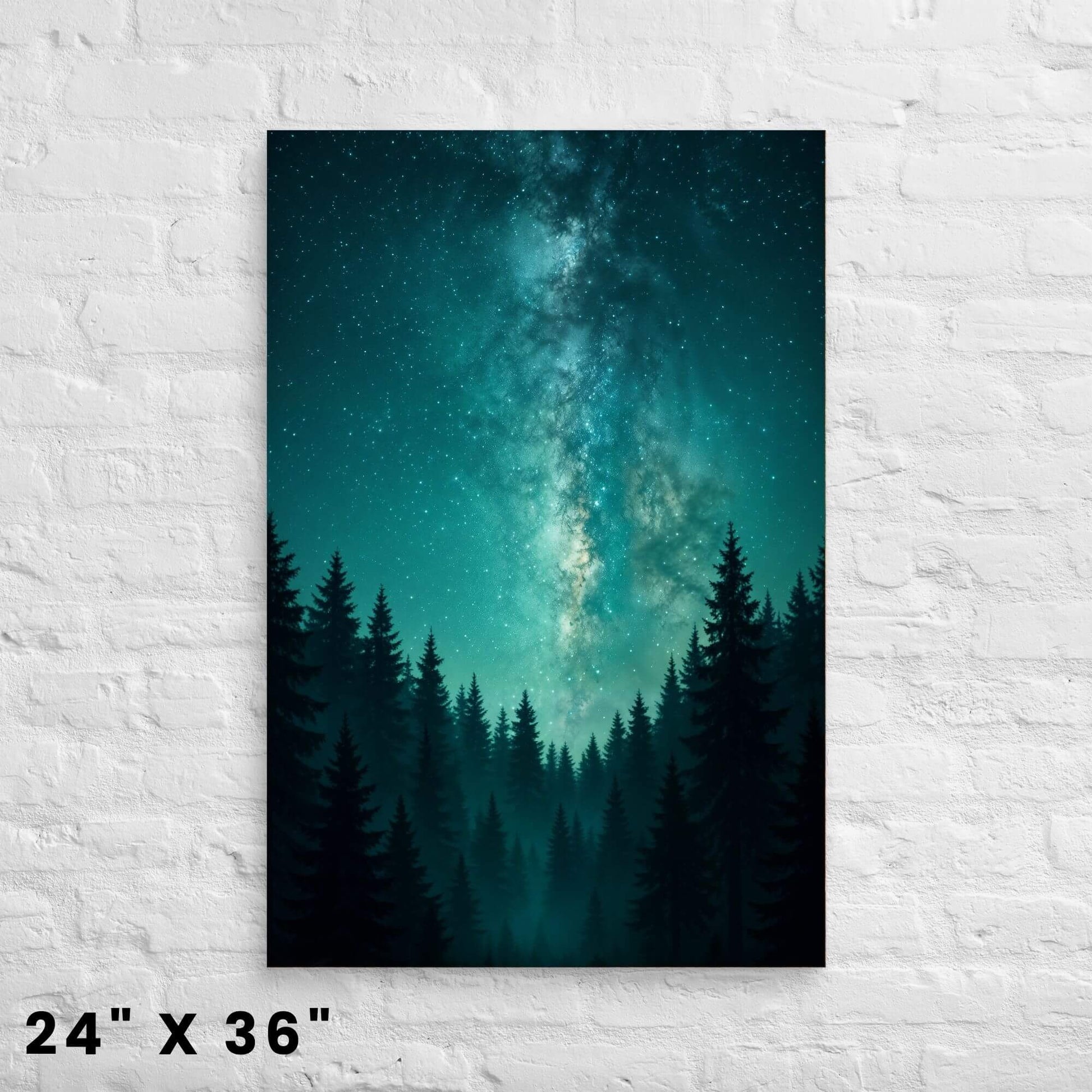 24 × 36 in. teal galaxy forest
canvas wall art displayed against a bright white brick backdrop.