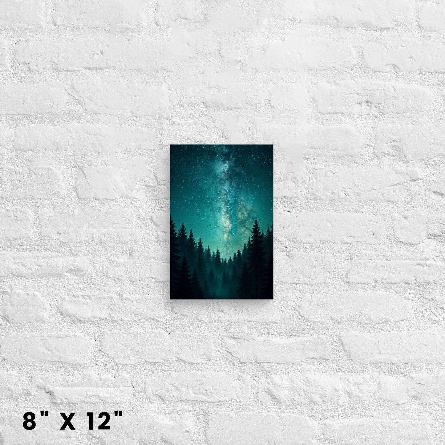 8 × 12 in. teal galaxy forest canvas
print mounted on clean white brick for a mini nature accent.