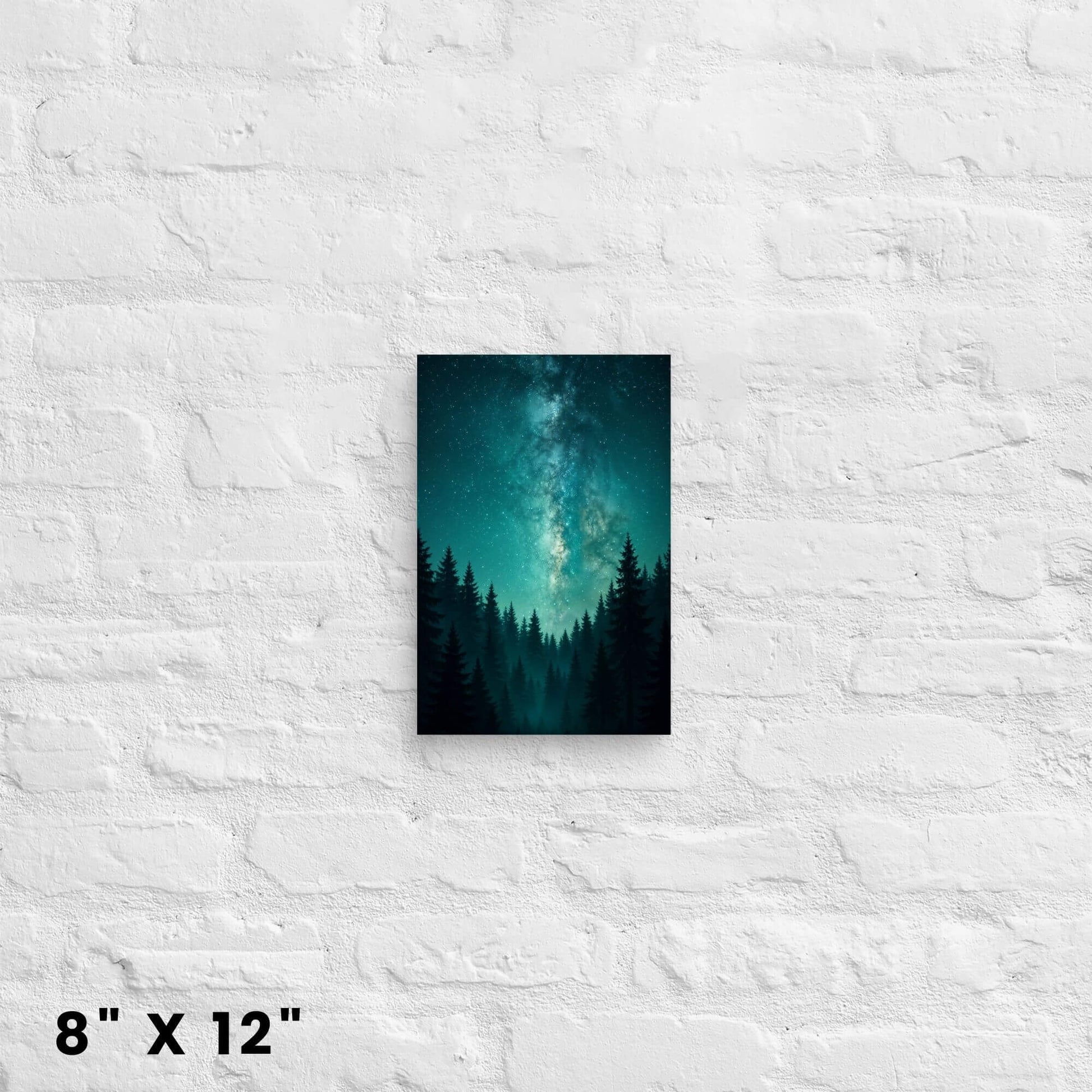 8 × 12 in. teal galaxy forest canvas
print mounted on clean white brick for a mini nature accent.