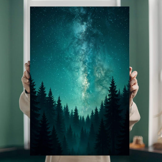 Person holding a vivid teal Milky
Way forest canvas print to showcase size, detail, and color depth.