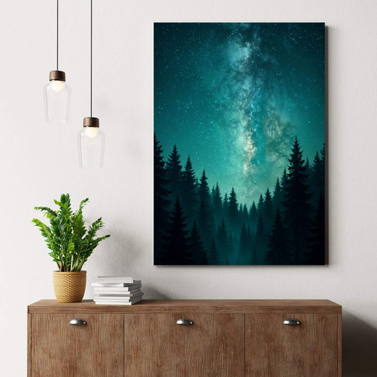 Teal Milky Way galaxy forest
canvas wall art styled above a mid-century wood sideboard with pendant lights and greenery.