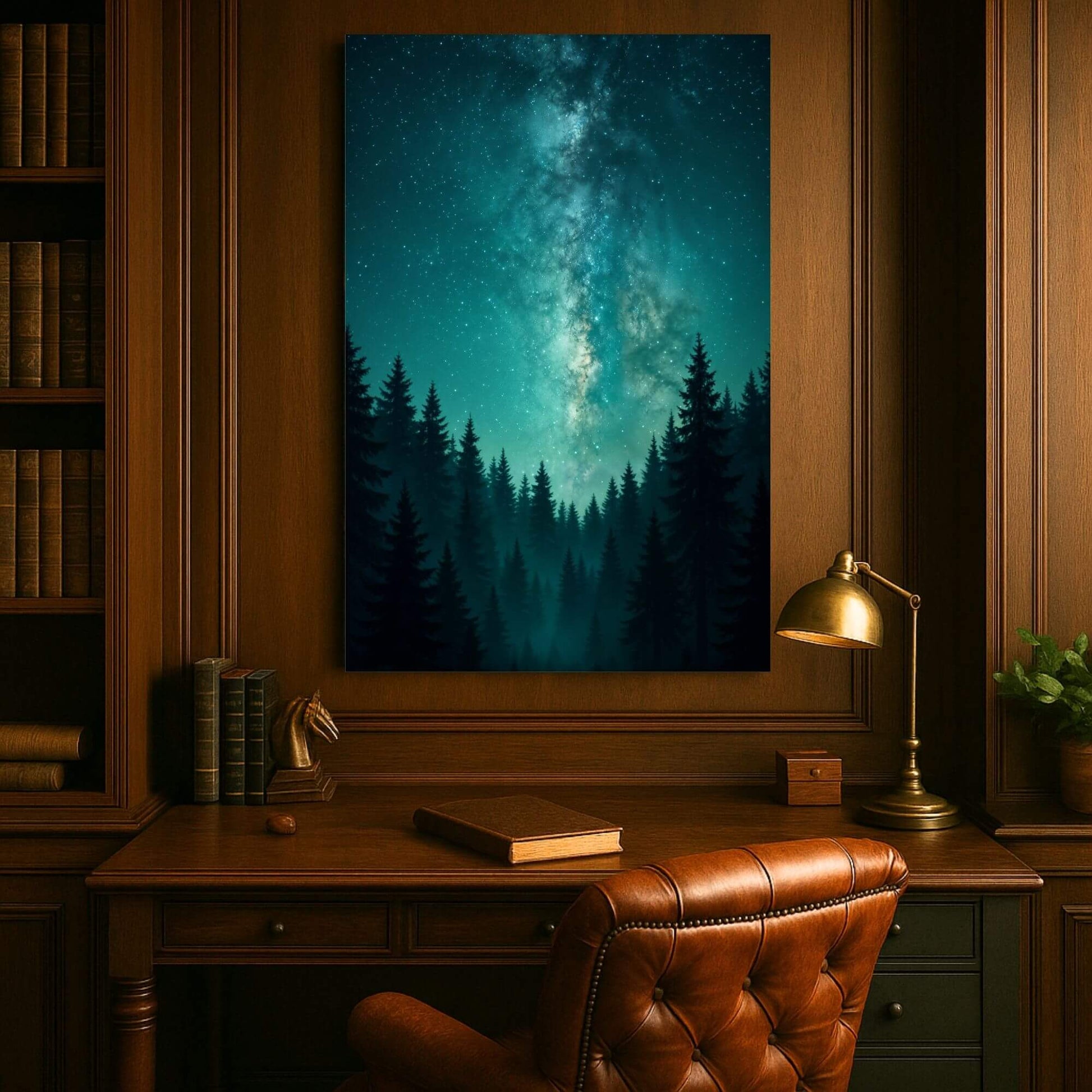 Large teal night-sky Milky Way
forest canvas print adding ambience to a classic wood-paneled home office above a leather
desk chair.