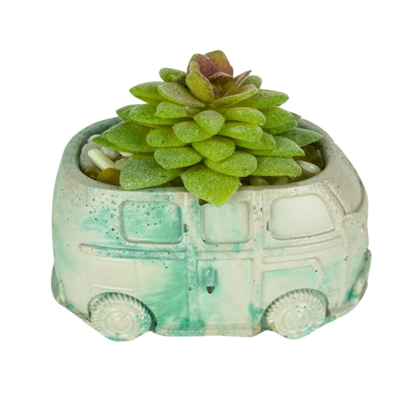 Unique handmade mini retro bus concrete planter with white and aqua teal marbling, featuring a green and burgundy artificial succulent and multi-colored pebbles.