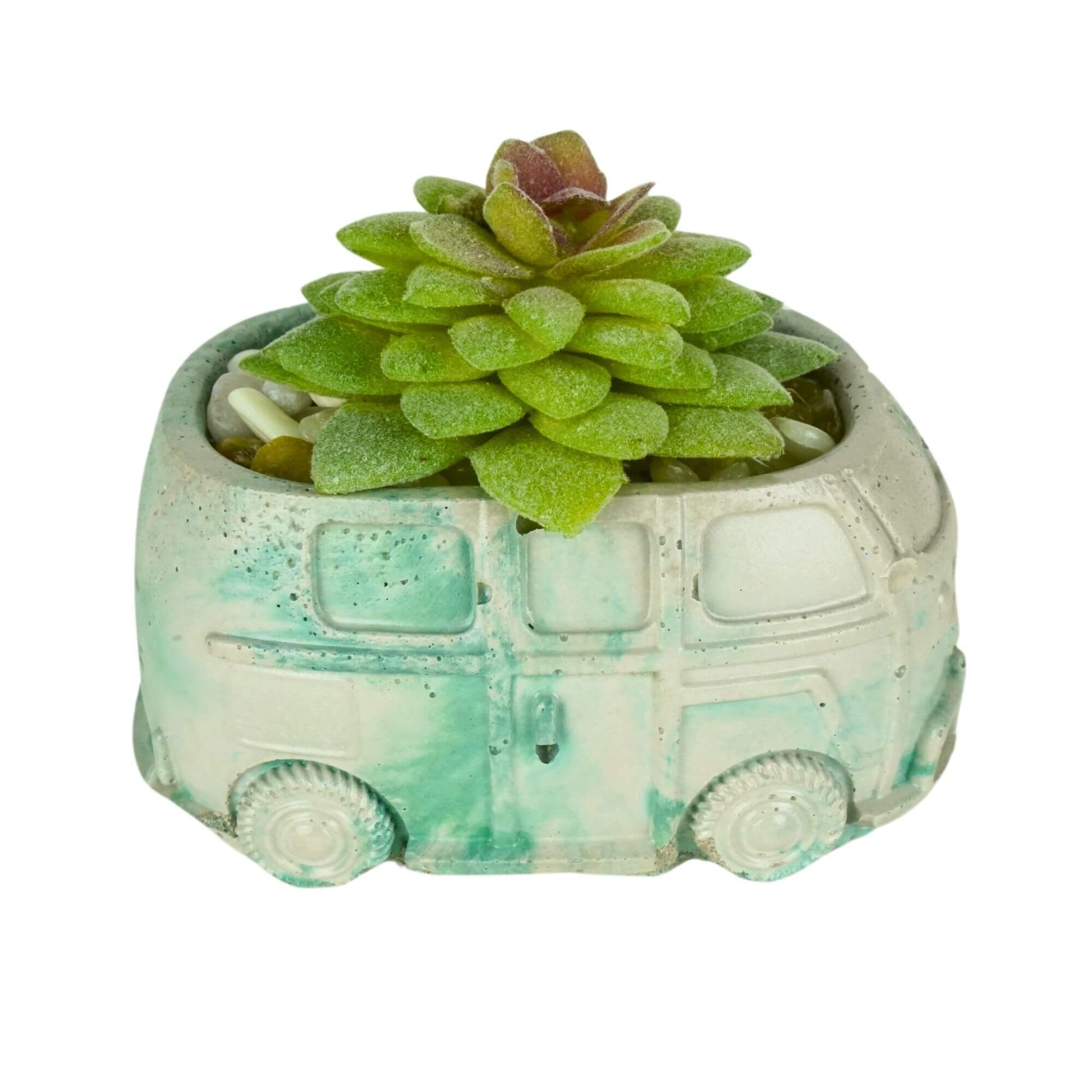Unique handmade mini retro bus concrete planter with white and aqua teal marbling, featuring a green and burgundy artificial succulent and multi-colored pebbles.