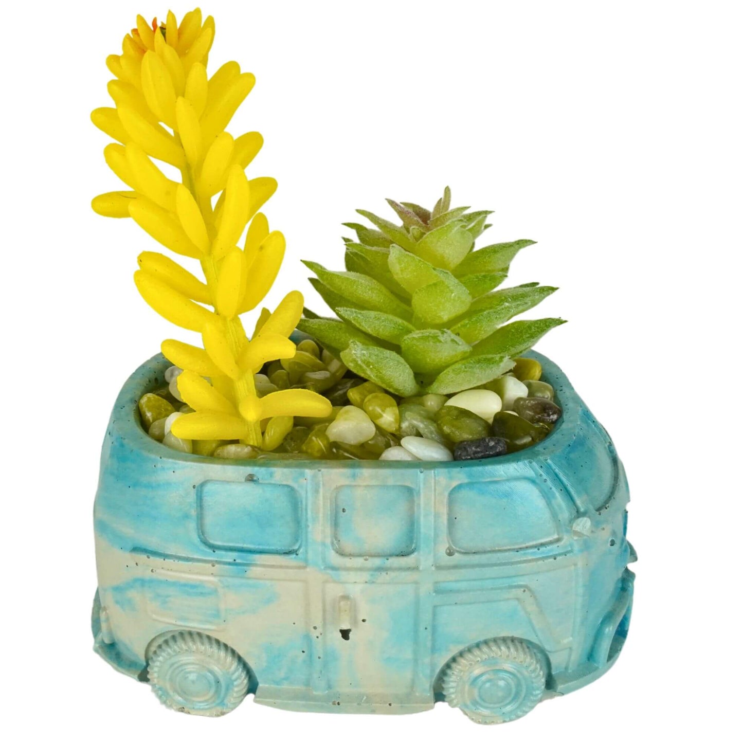 Unique handmade mini retro bus concrete planter with blue and white marbling, featuring a yellow spiky artificial succulent and multi-colored pebbles.