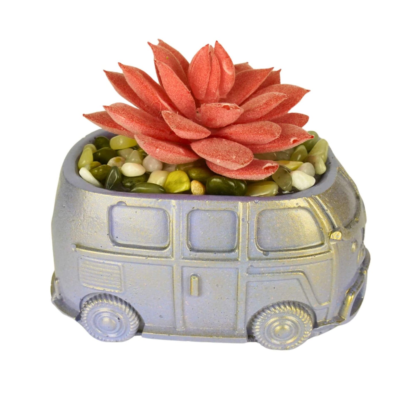 Unique handmade mini retro bus concrete planter in metallic lavender with a reddish-pink artificial succulent and multi-colored pebbles.