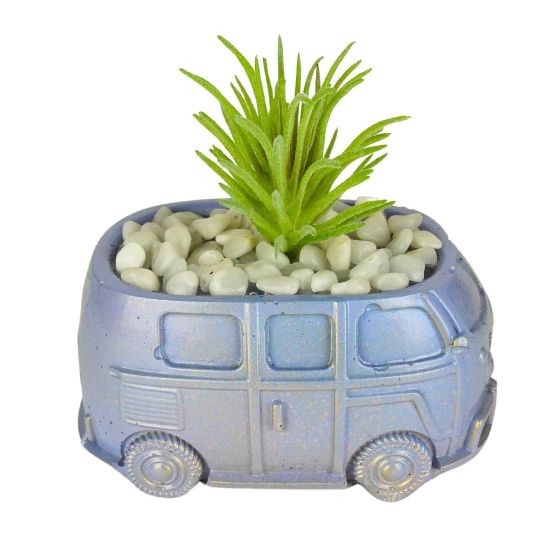 Unique handmade mini retro bus concrete planter in metallic blue-purple with a green spiky artificial succulent and white pebbles.