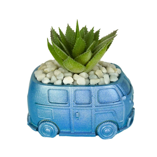 Unique handmade mini retro bus concrete planter in metallic blue with a green spiky artificial succulent and white pebbles.
