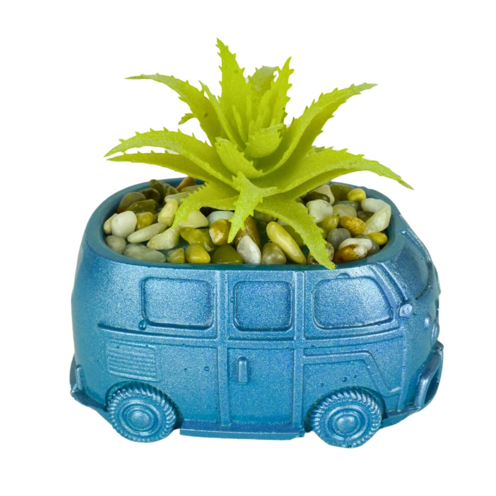 Unique handmade mini retro bus concrete planter in metallic blue with a yellowish-green spiky artificial succulent and multi-colored pebbles.