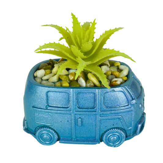 Unique handmade mini retro bus concrete planter in metallic blue with a yellowish-green spiky artificial succulent and multi-colored pebbles.
