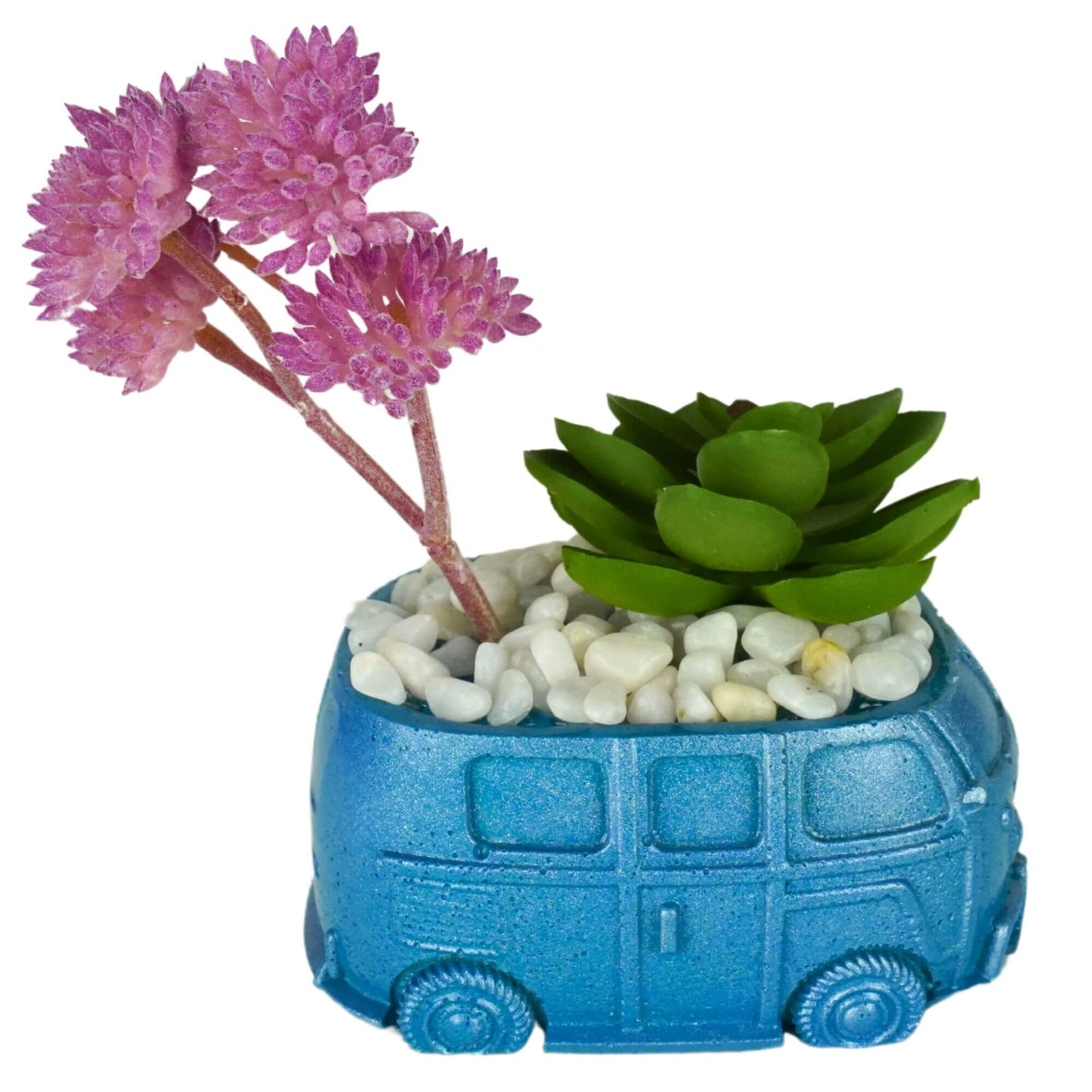 Unique handmade mini retro bus concrete planter in bright metallic blue with a green artificial succulent, pink artificial flower stems, and white pebbles.