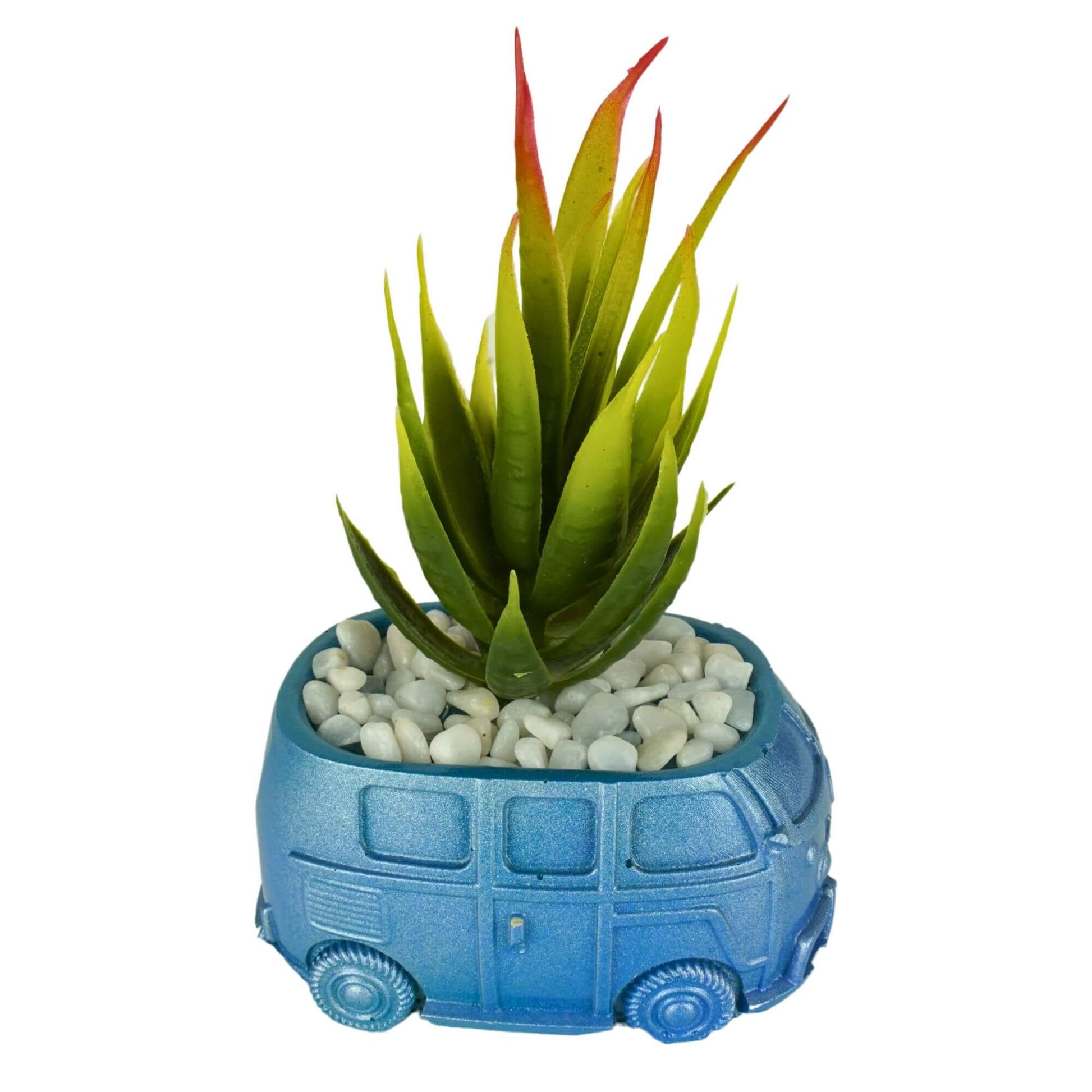 Unique handmade mini retro bus concrete planter in bright metallic blue with a tall green artificial succulent featuring red tips and white pebbles.