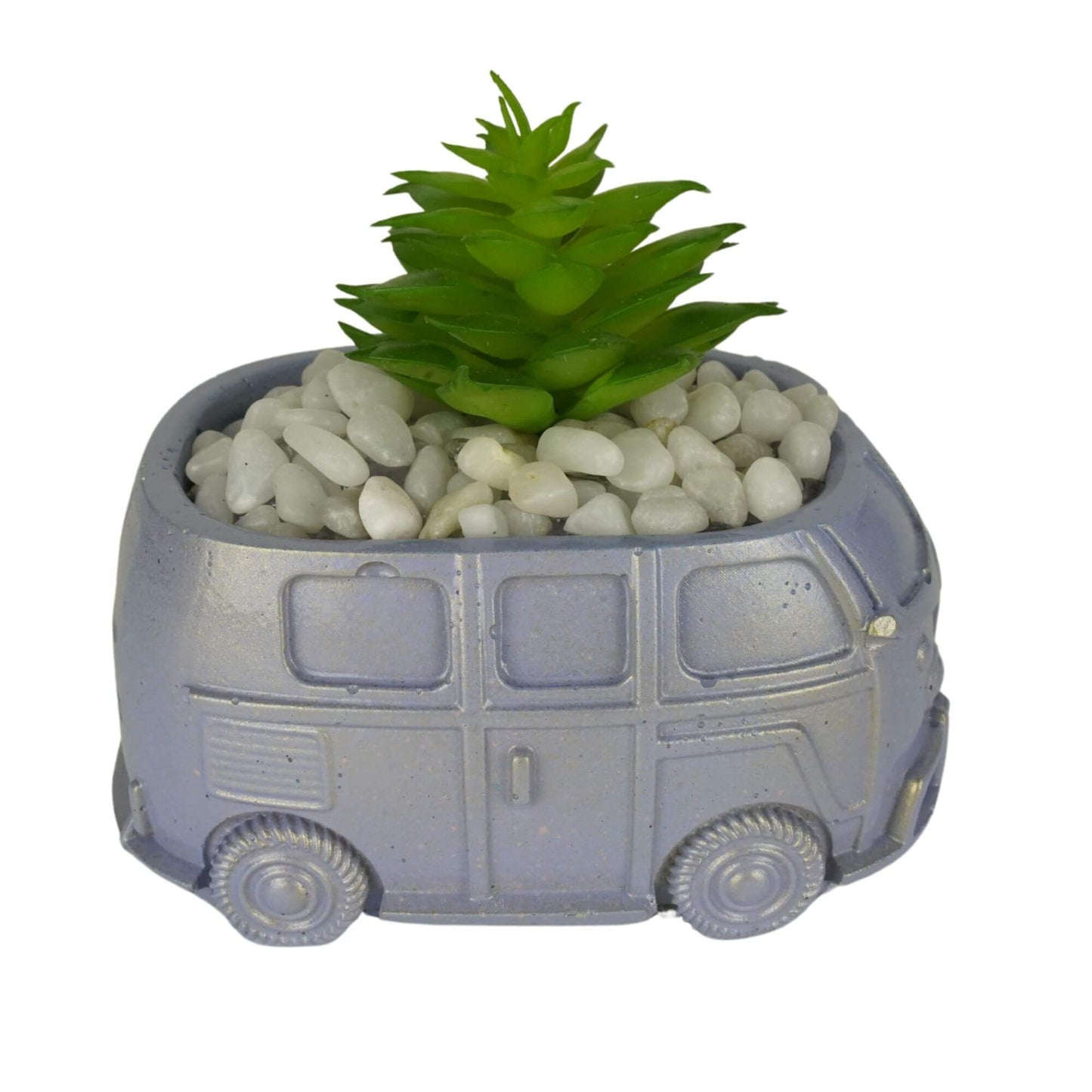 Unique handmade mini retro bus concrete planter in gold dusted lavender metallic finish with a reddish-pink artificial succulent and multi-colored pebbles.