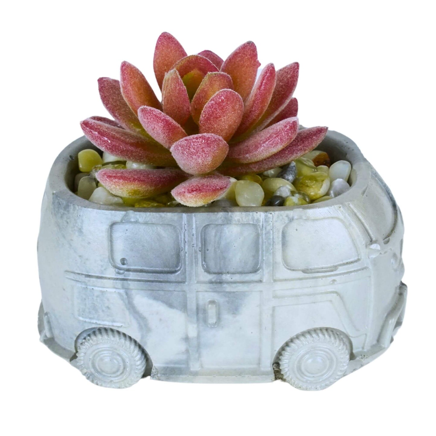 Unique handmade mini retro bus concrete planter with white and grey marbling, featuring a reddish-pink artificial succulent and multi-colored pebbles.