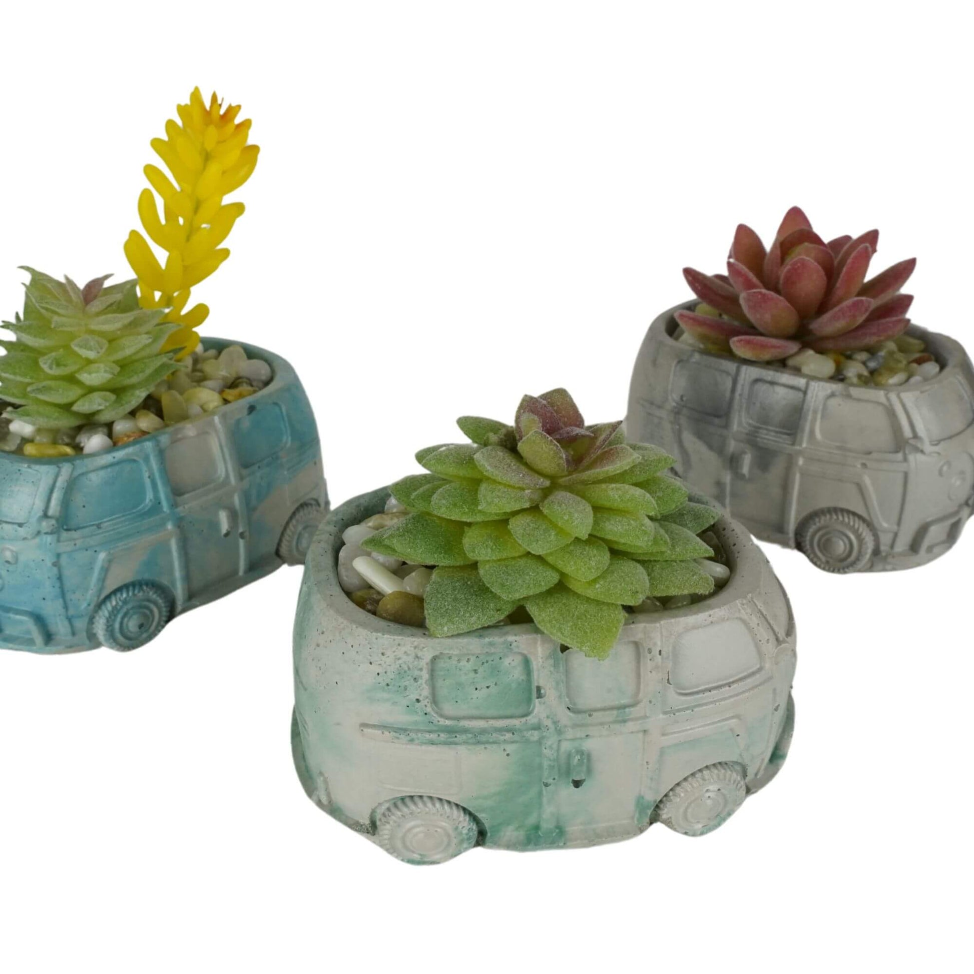 A group of three unique handmade mini retro bus concrete planters with blue swirl, aqua swirl, and stone swirl marbling, each with a different artificial succulent.