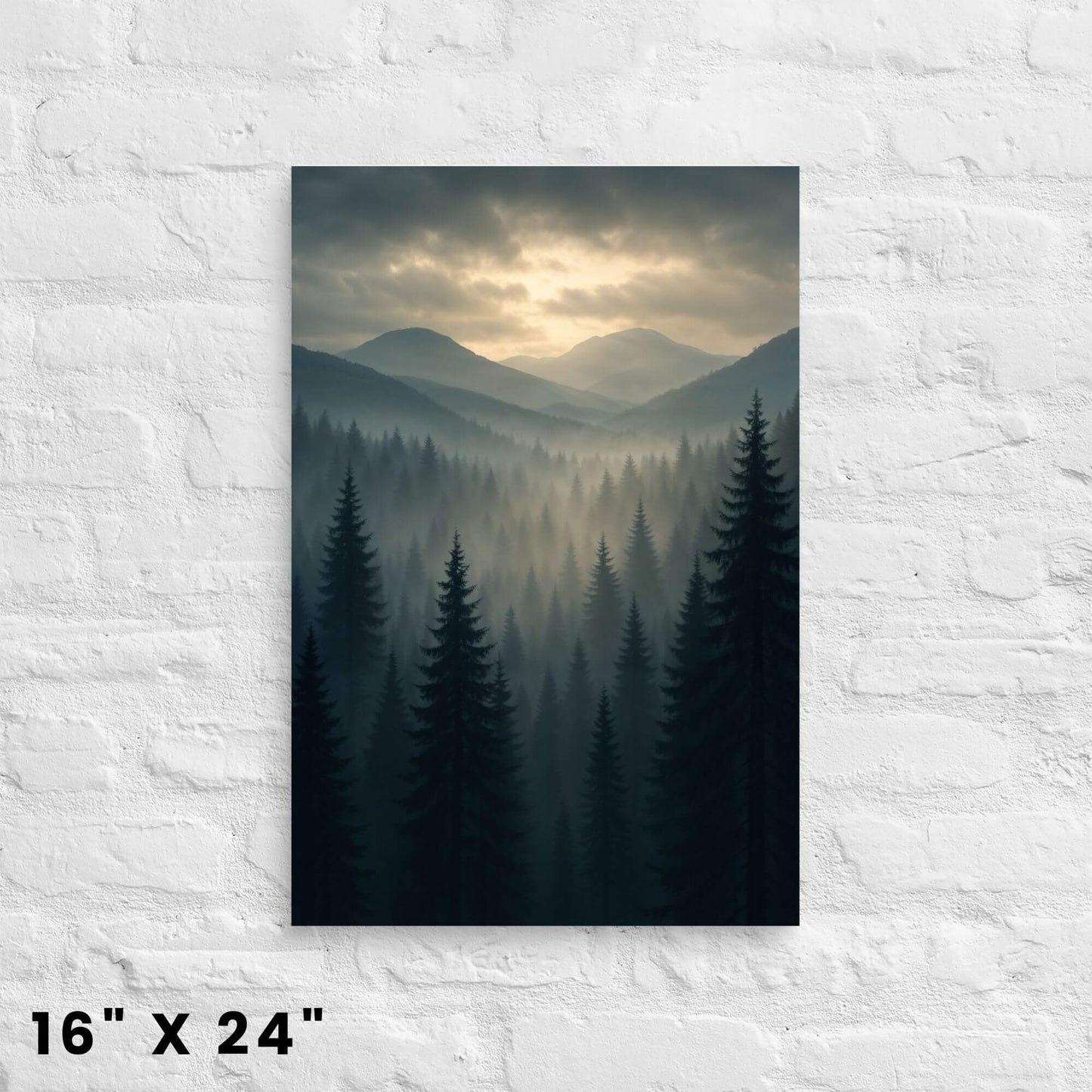 16 × 24-inch serene fog-shrouded pine-valley canvas print in cool slate tones on a white-brick setting.
