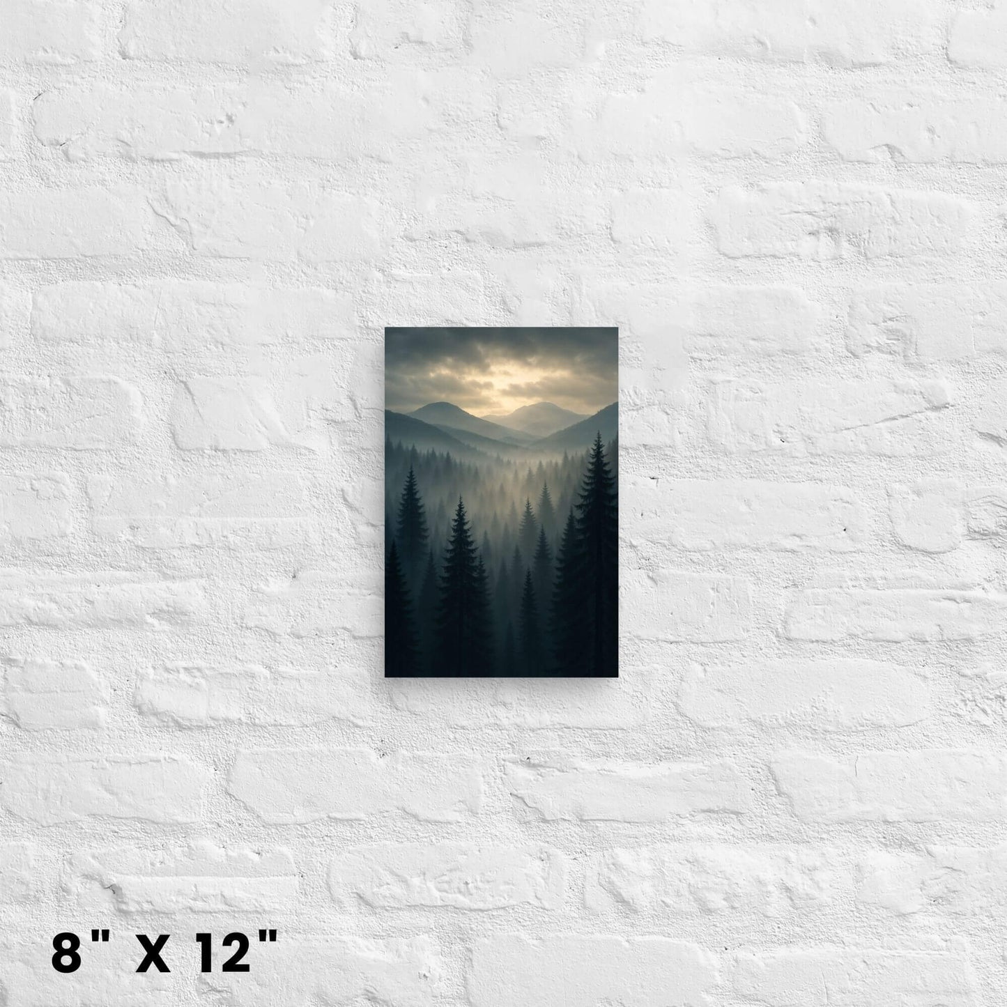 8 × 12-inch mini moody mountain-forest canvas accent bringing soft woodland vibes to a white-brick backdrop.