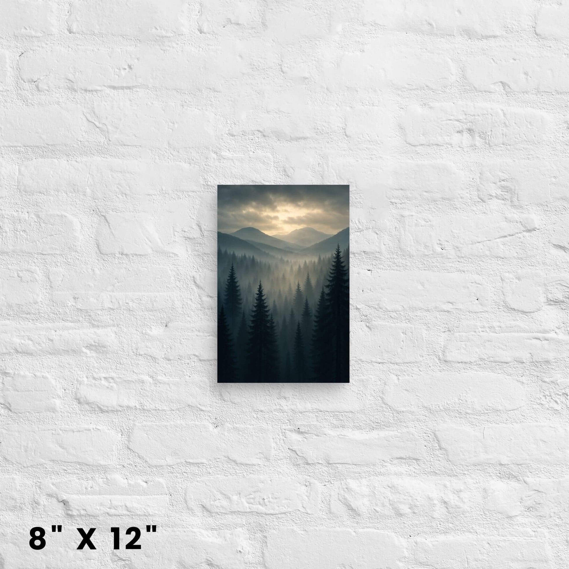 8 × 12-inch mini moody mountain-forest canvas accent bringing soft woodland vibes to a white-brick backdrop.