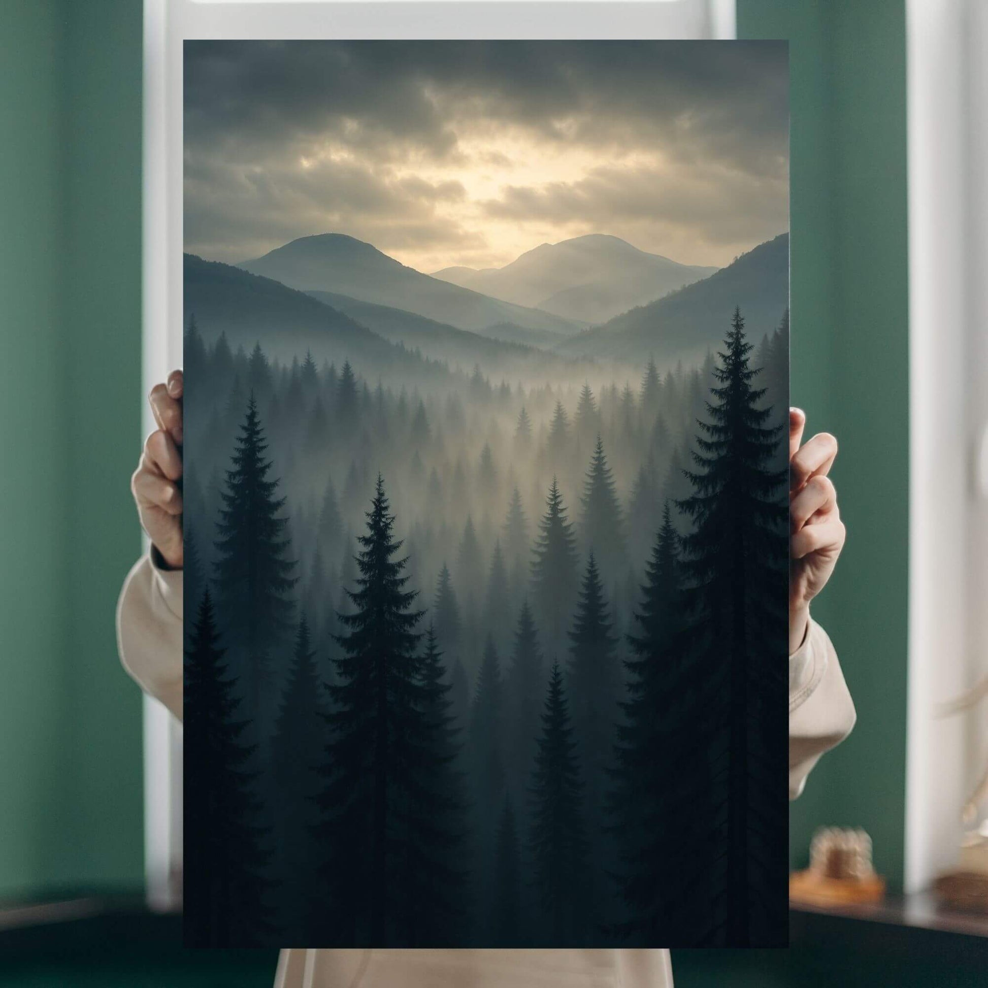 Person holding a misty mountain-forest canvas print to show real-life scale, detail, and atmospheric color palette.