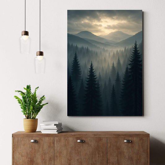 Misty mountain-forest canvas wall art delivering peaceful alpine energy above a modern wood sideboard with pendant lights and greenery.