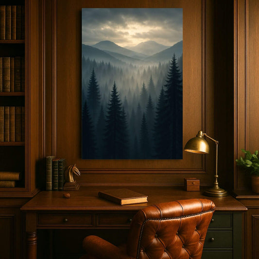 Large atmospheric mountain-forest canvas art adding tranquil wilderness ambiance to a classic wood-paneled study above a vintage leather desk.