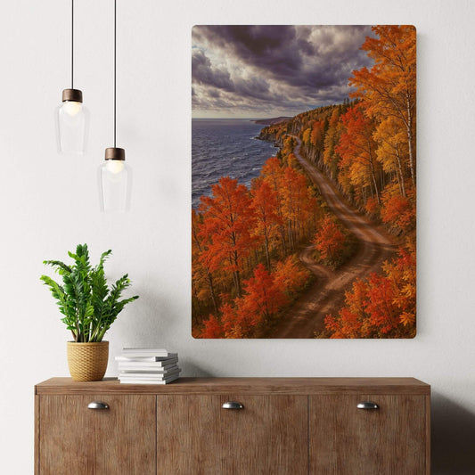 MN North Shore autumn landscape canvas print displayed above a wooden cabinet with a plant and books, in a living room setting.