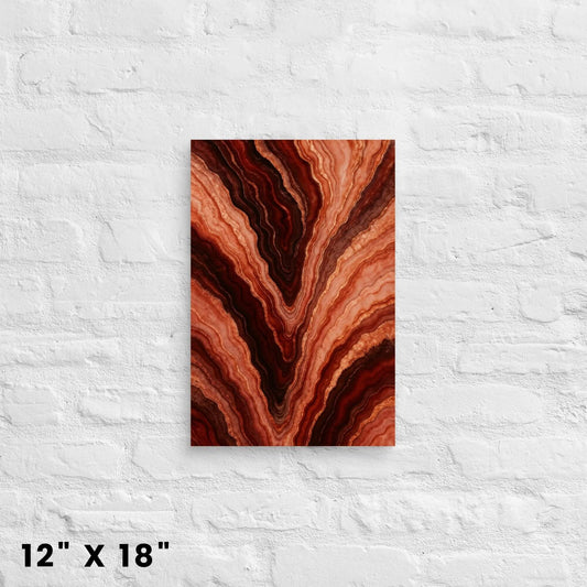 12 × 18-inch red-ochre agate-band abstract wall art adding vibrant mineral texture to a white-brick wall.