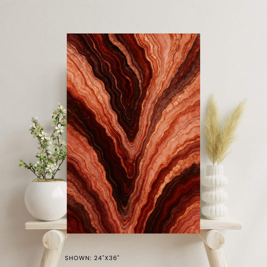 24 × 36-inch molten-agate banded canvas print styled on a minimalist shelf with ceramic-vase florals and pampas grass for warm organic décor
