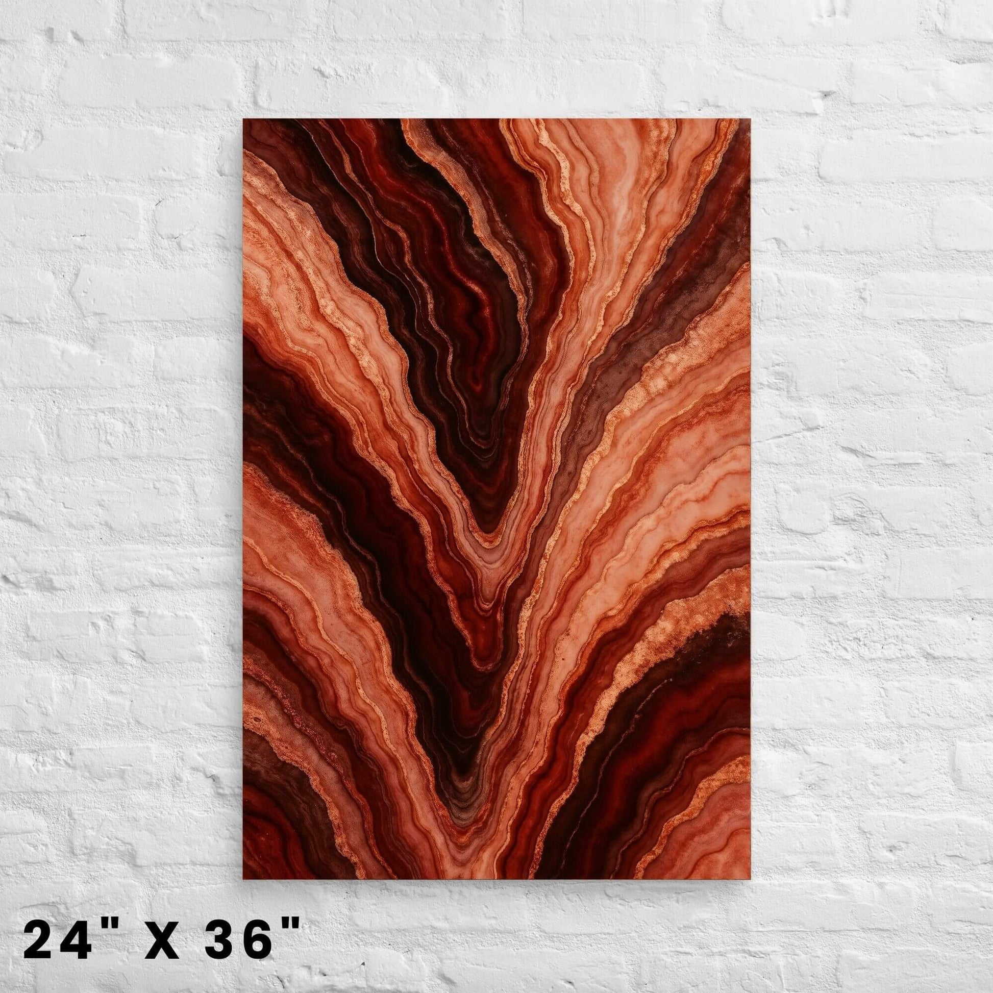 24 × 36-inch molten agate vein abstract canvas art showcasing rich terracotta, copper, and burgundy banding, displayed on a bright white-brick wall.