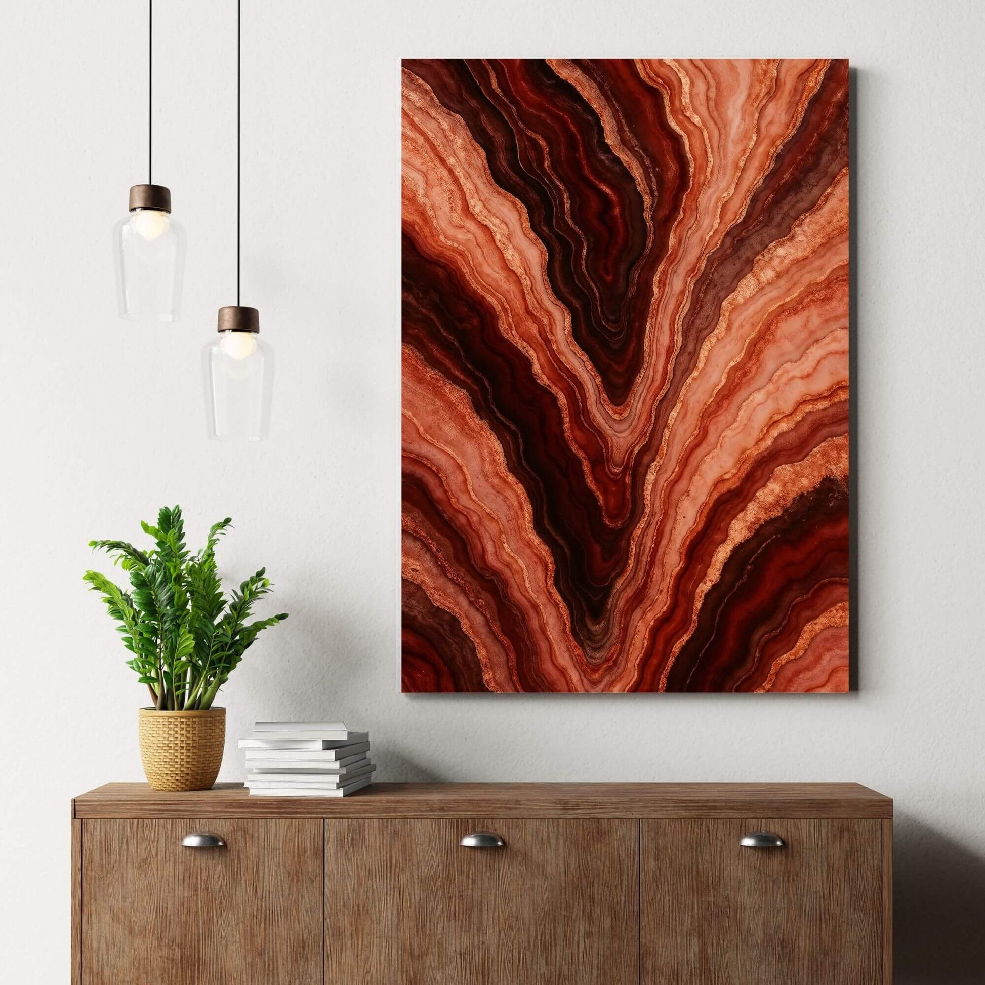 Molten agate vein canvas wall art infusing bold natural pattern above a modern wood sideboard with pendant lights and greenery.