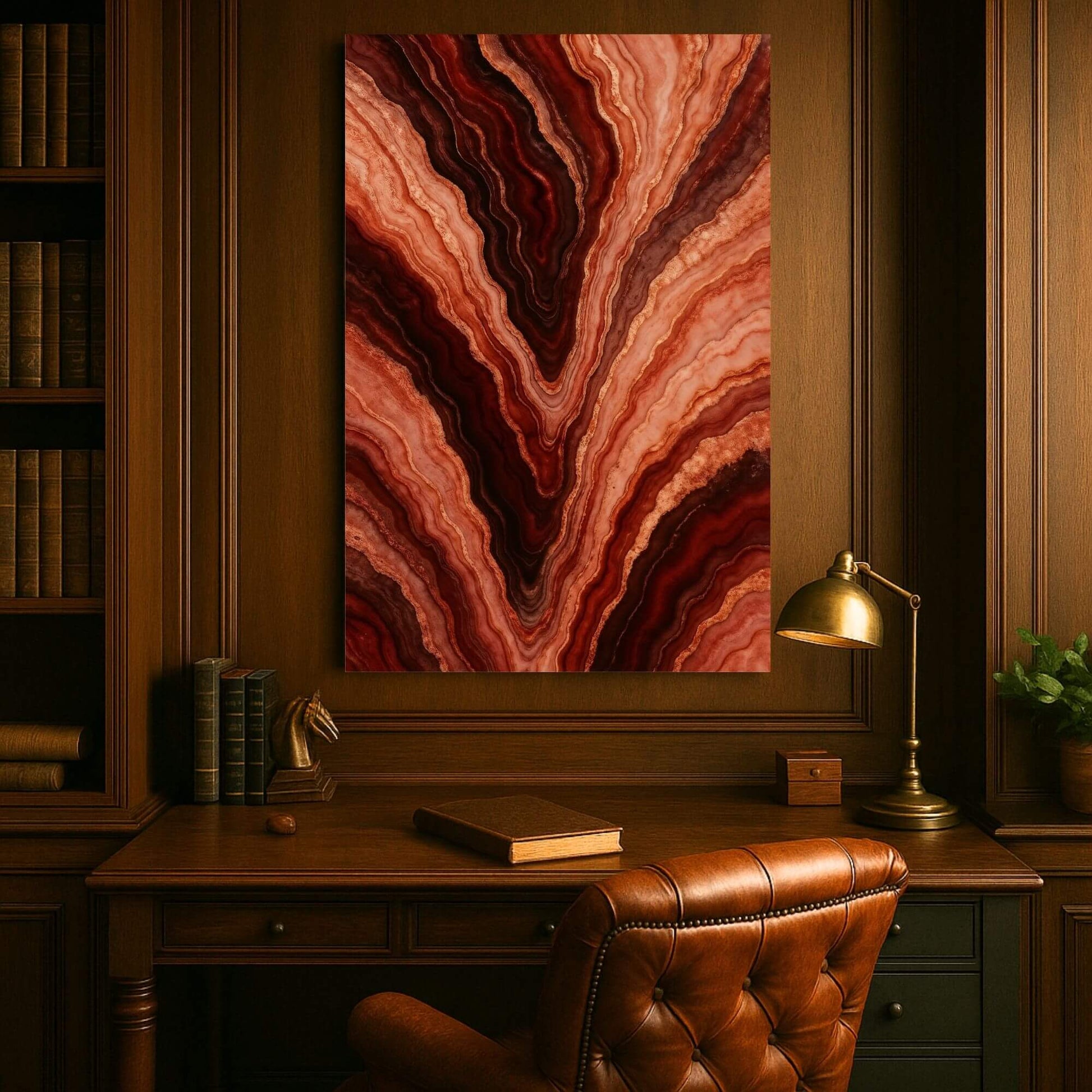Large flowing agate-channel abstract canvas bringing sophisticated earthy drama to a classic wood-paneled study above a vintage leather desk.