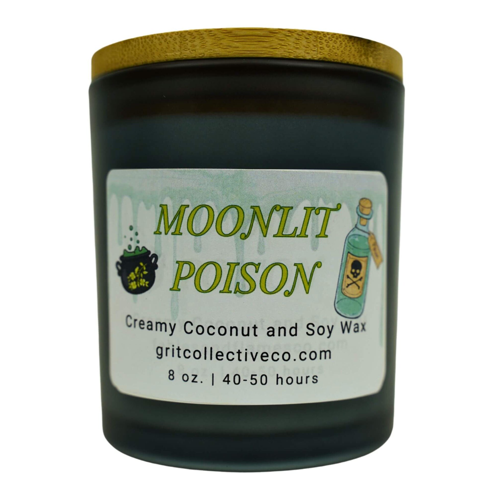 Moonlit Poison" creamy coconut and soy wax candle by Grit Collective Co. with a dark jar and wooden lid.
