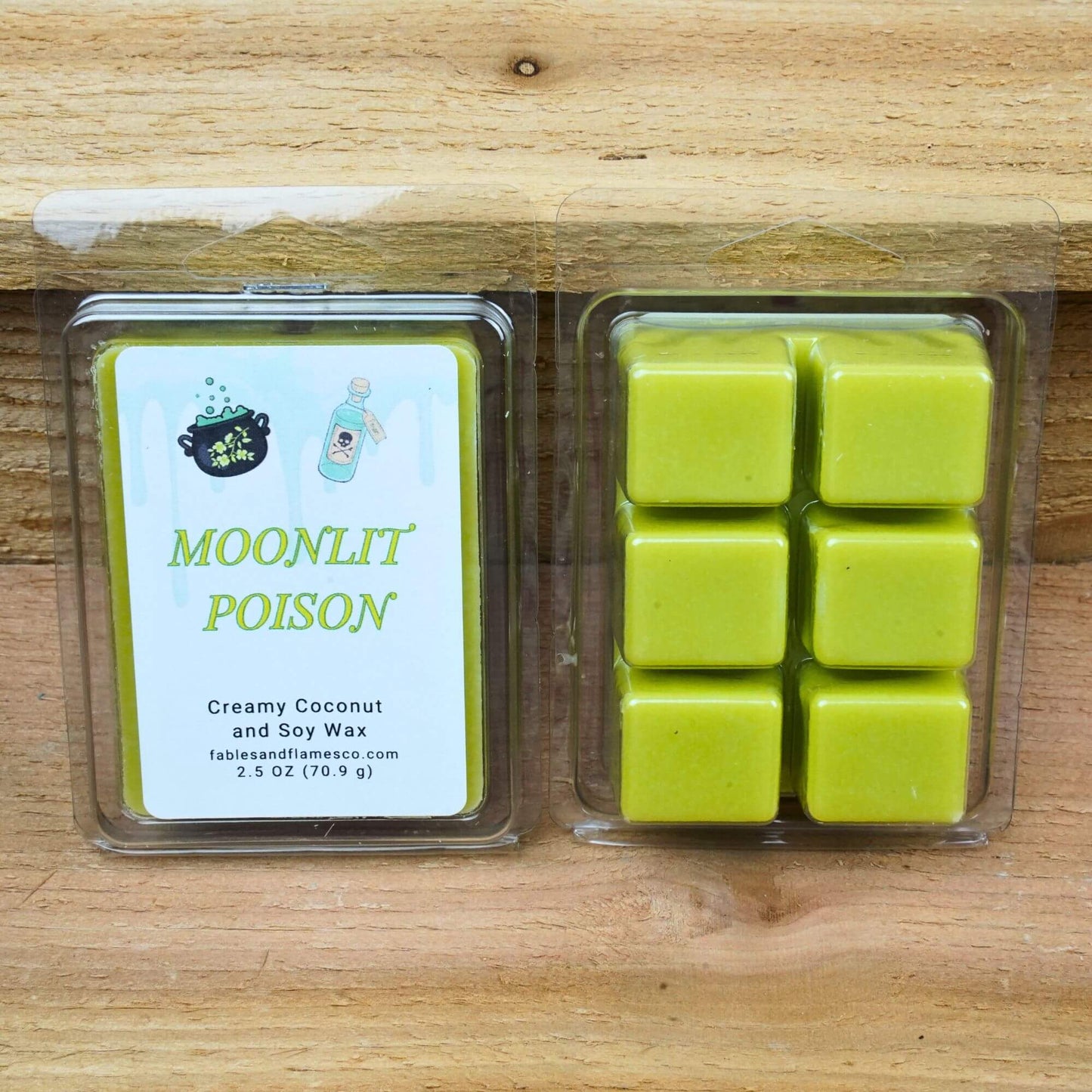 Moonlit Poison scented creamy coconut and soy wax melts, 2.5 oz package with cauldron and potion graphic.