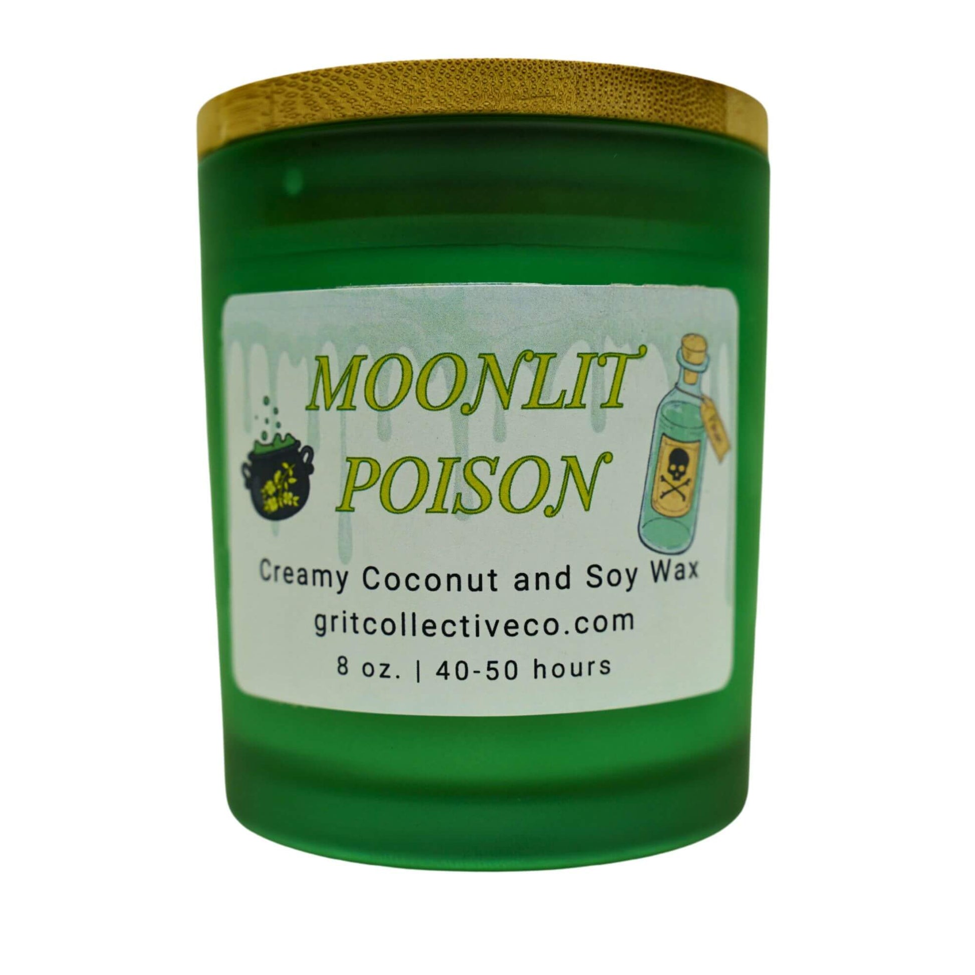 Moonlit Poison" creamy coconut and soy wax candle by Grit Collective Co. in a green glass jar with a pot and poison bottle label and bamboo lid.