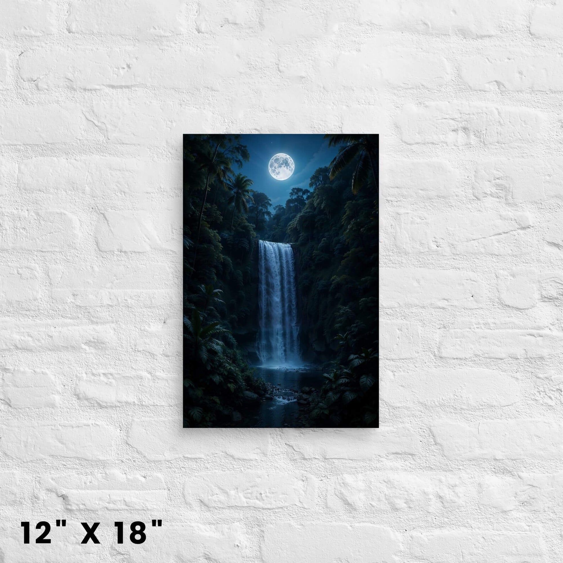 12 × 18-inch mystical blue waterfall canvas art under a radiant full moon, adding serene jungle vibes to a white-brick wall.