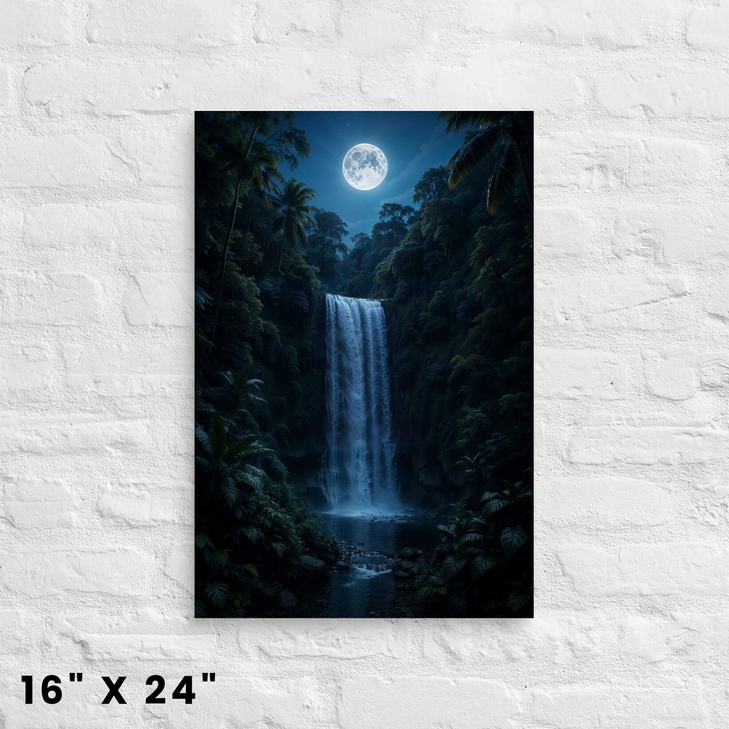 16 × 24-inch night-time rainforest waterfall canvas wall art with glowing full moon and emerald foliage displayed on a clean white-brick backdrop.