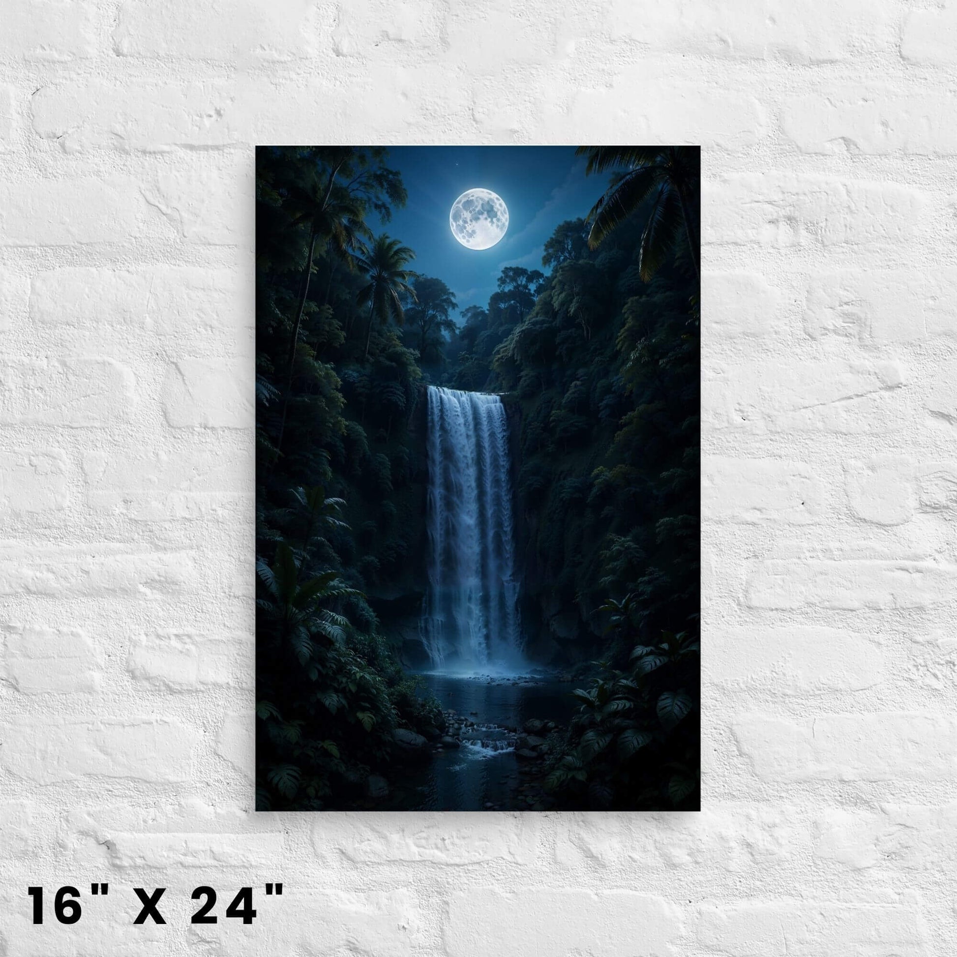 16 × 24-inch night-time rainforest waterfall canvas wall art with glowing full moon and emerald foliage displayed on a clean white-brick backdrop.