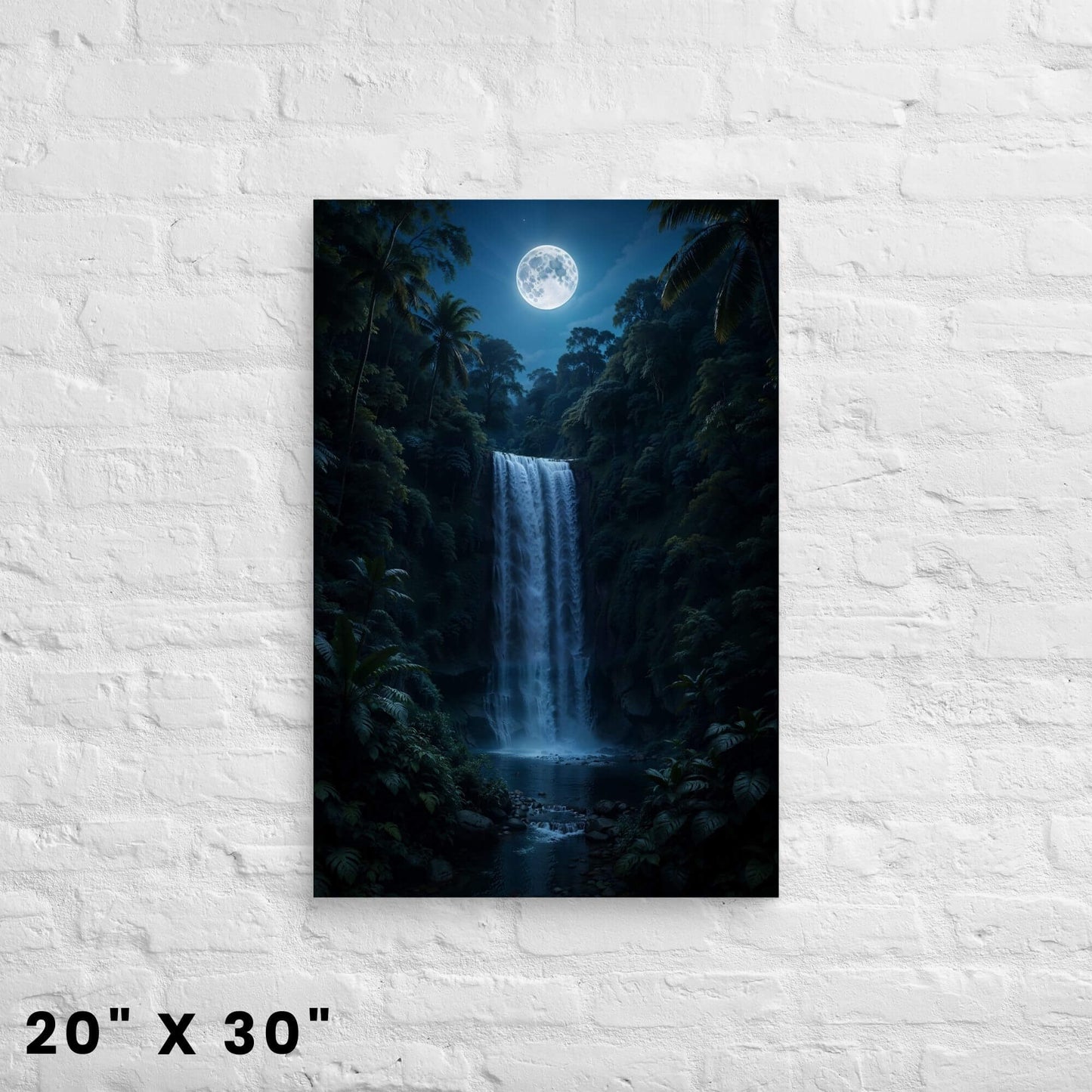 20 × 30-inch moon-lit jungle waterfall canvas print in deep blue tones, full moon shining above lush tropical palms against a bright white-brick wall.