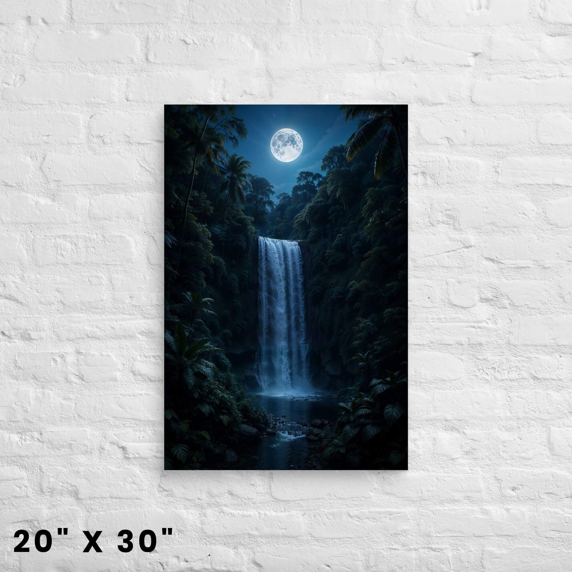 20 × 30-inch moon-lit jungle waterfall canvas print in deep blue tones, full moon shining above lush tropical palms against a bright white-brick wall.