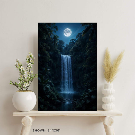 24 × 36-inch moonlit rainforest waterfall canvas wall art styled on a minimalist shelf with ceramic vase florals and pampas grass.