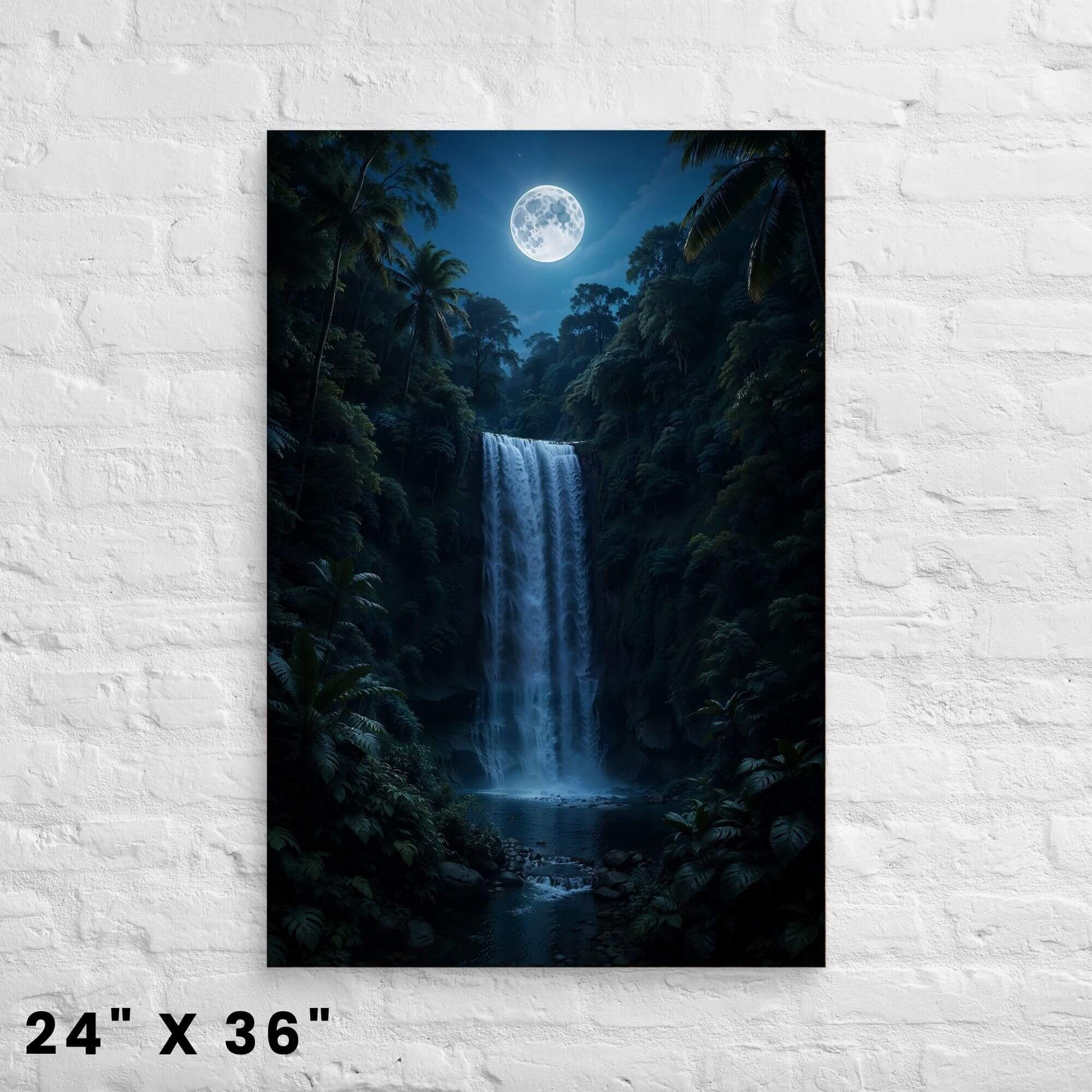 24 × 36-inch full-moon jungle cascade canvas print in rich indigo hues showcased on a bright white-brick wall.