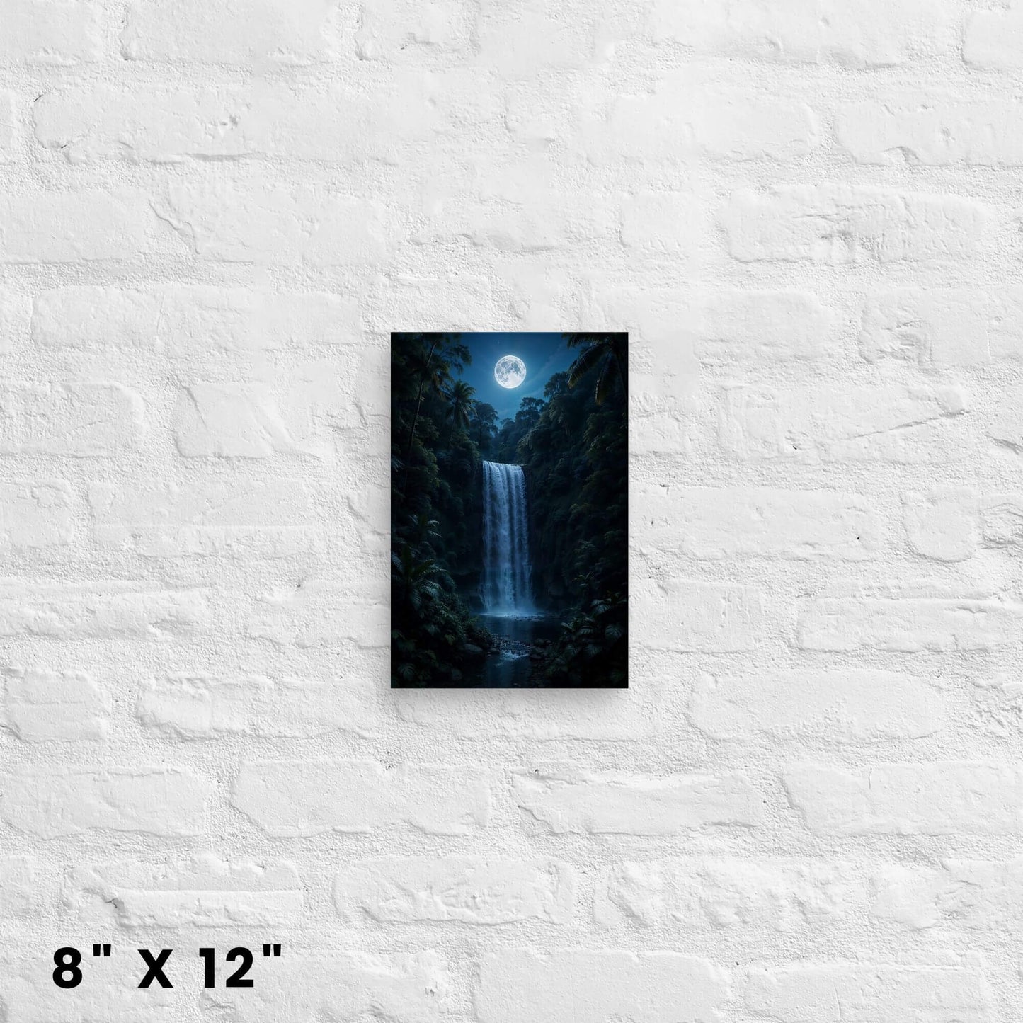 8 × 12-inch mini moonlit waterfall canvas accent featuring cascading water and midnight jungle greenery on a white-brick setting.